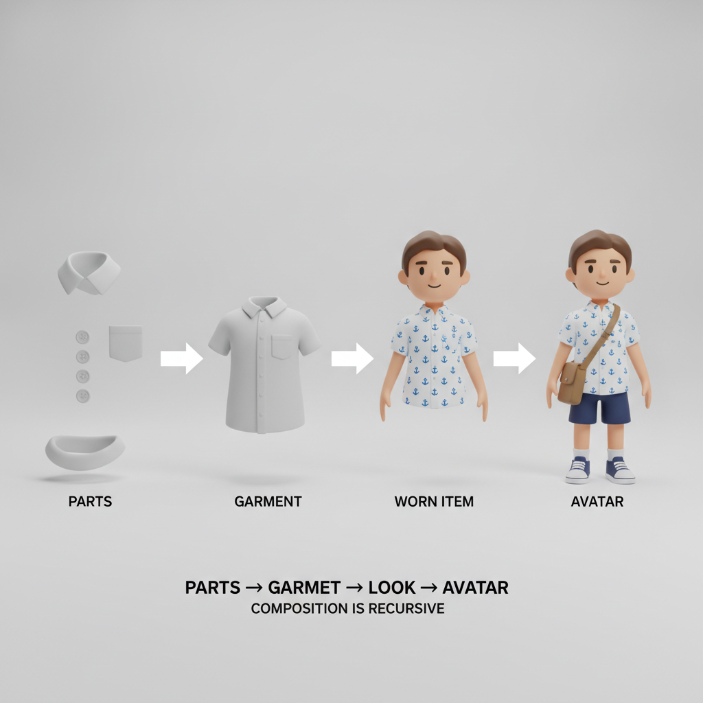 Left to right: separate parts, an assembled shirt, the shirt worn on an avatar torso, a full dressed avatar.