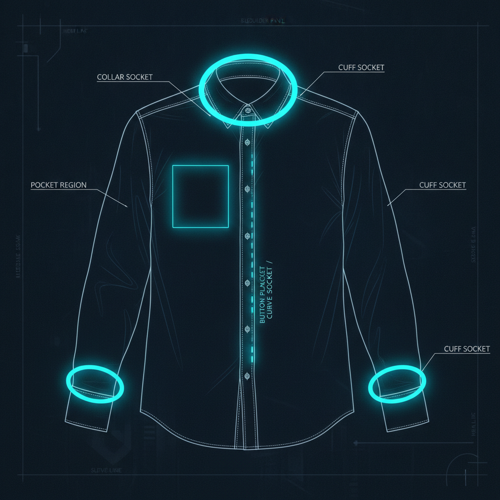Blueprint of a shirt with glowing sockets: collar ring, cuff rings, pocket region, button-placket line.