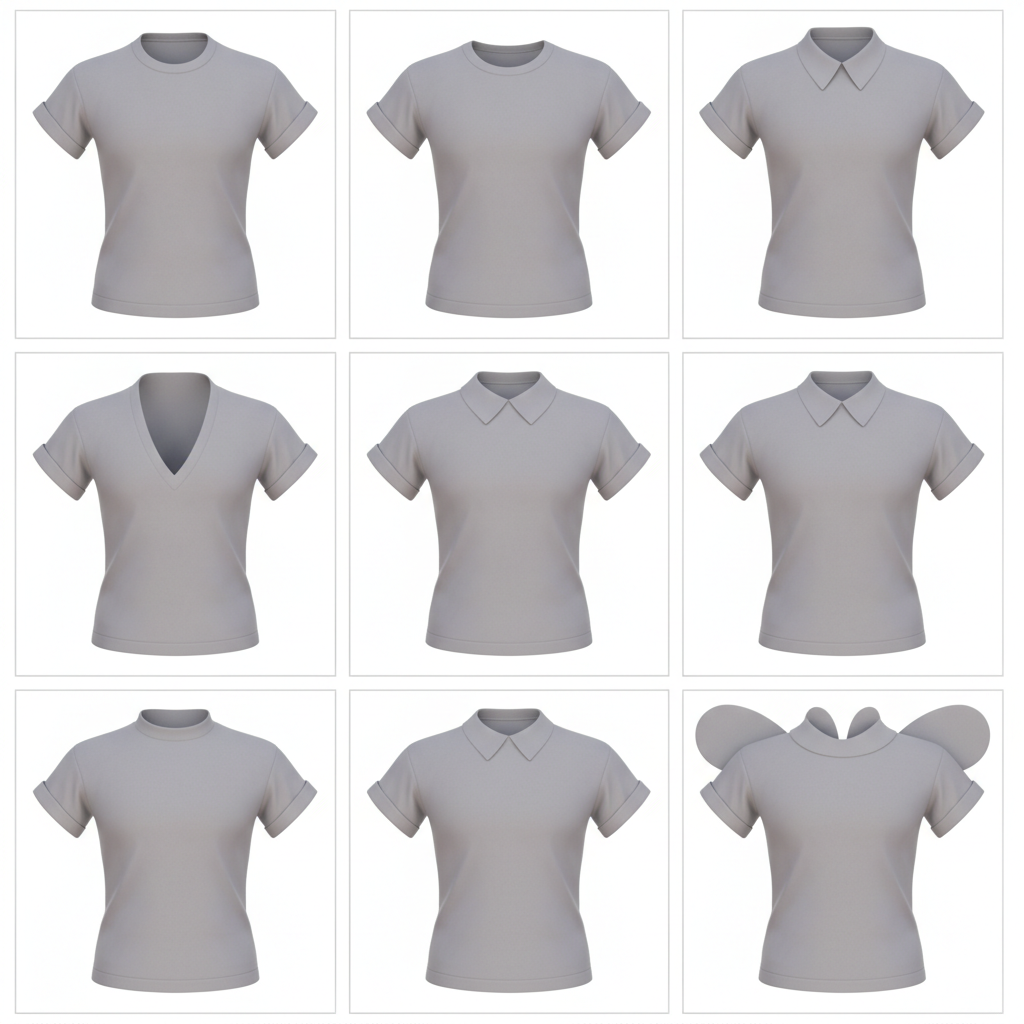 Grid of the same shirt with different collars: crew, v-neck, mandarin, point, spread, butterfly.