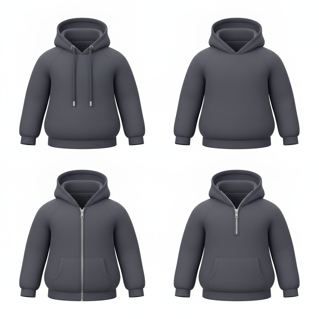Same hoodie four ways: drawstring on, drawstring off, full-zip, half-zip.