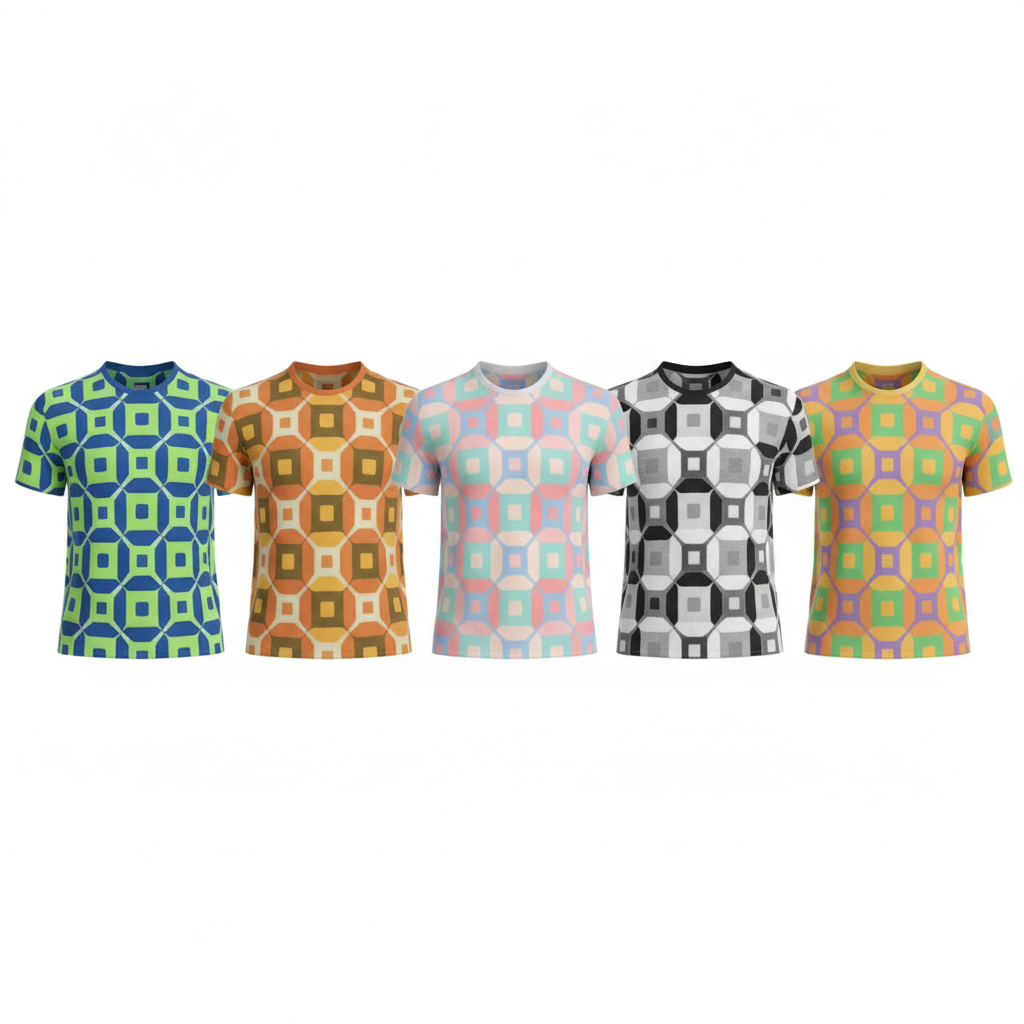 The same patterned tee shown in five different color palettes in a row.
